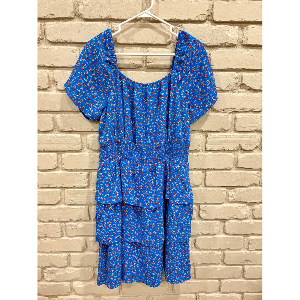Pretty Garden Blue Floral Smocked Tiered Ruffle Mini Dress Size Large